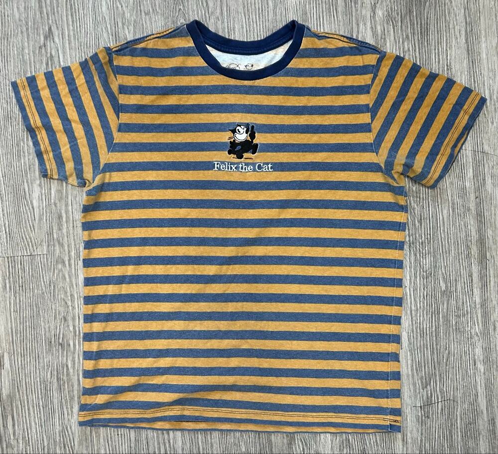 Neon Riot Felix the Cat T-Shirt Mens XL Striped Blue Gold Embroidered Logo Tee